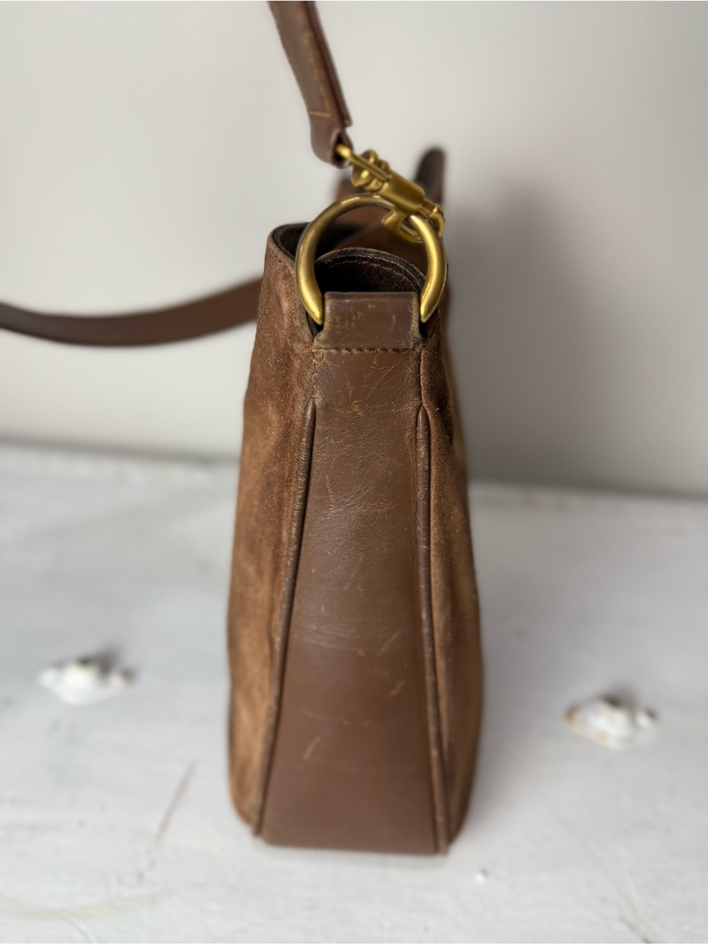 GUCCI Suede 2way Brown Gold Shoulder Bag Vintage Leather - Picture 6 of 15
